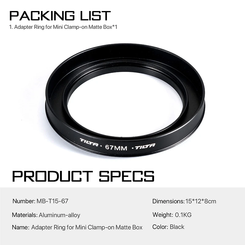 Tilta 67mm Adapter Ring for Mini Clamp-on Matte Box, Black