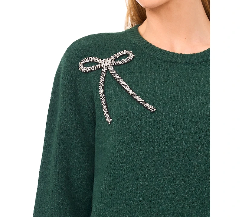 CeCe Women's Oversized Bow Applique Long Sleeves Sweater