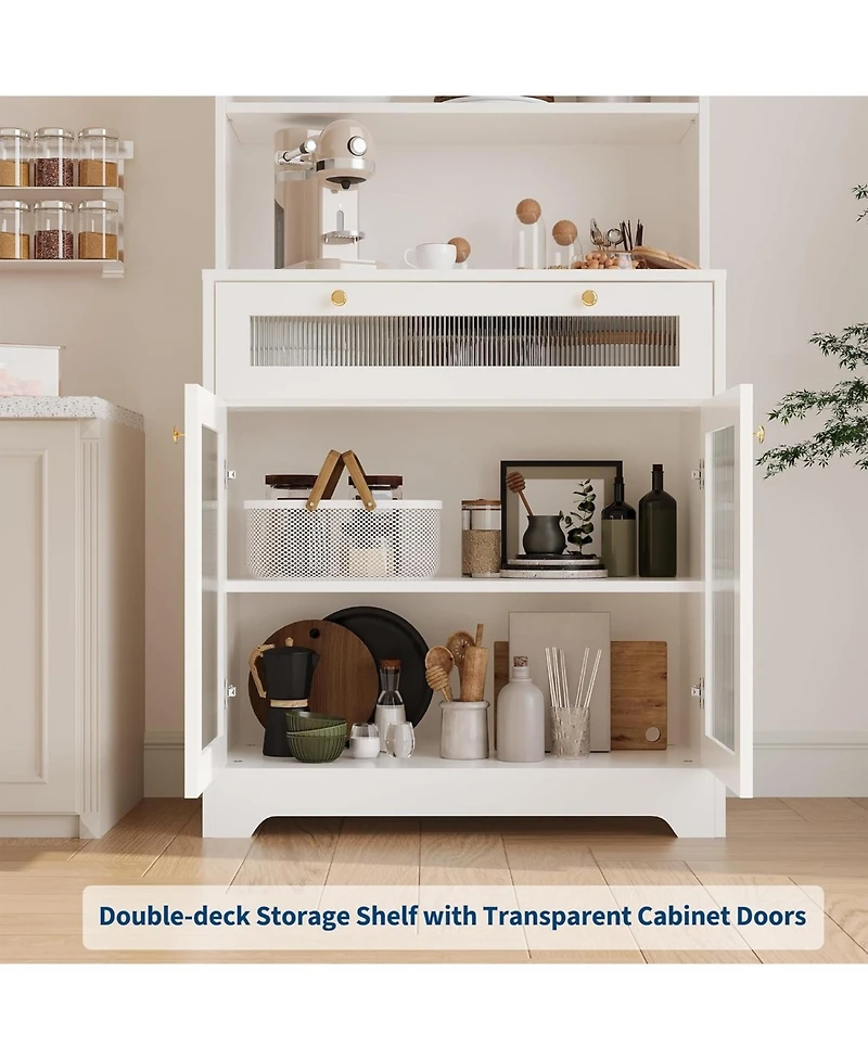 gaomon Kitchen Pantry Cabinet, 62 Inch Freestanding Hutch Cupboard with Large Countertop, Glass Doors, Drawer and Adjustable Shelves, Microwave Cabine