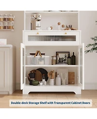 gaomon Kitchen Pantry Cabinet, 62 Inch Freestanding Hutch Cupboard with Large Countertop, Glass Doors, Drawer and Adjustable Shelves, Microwave Cabine