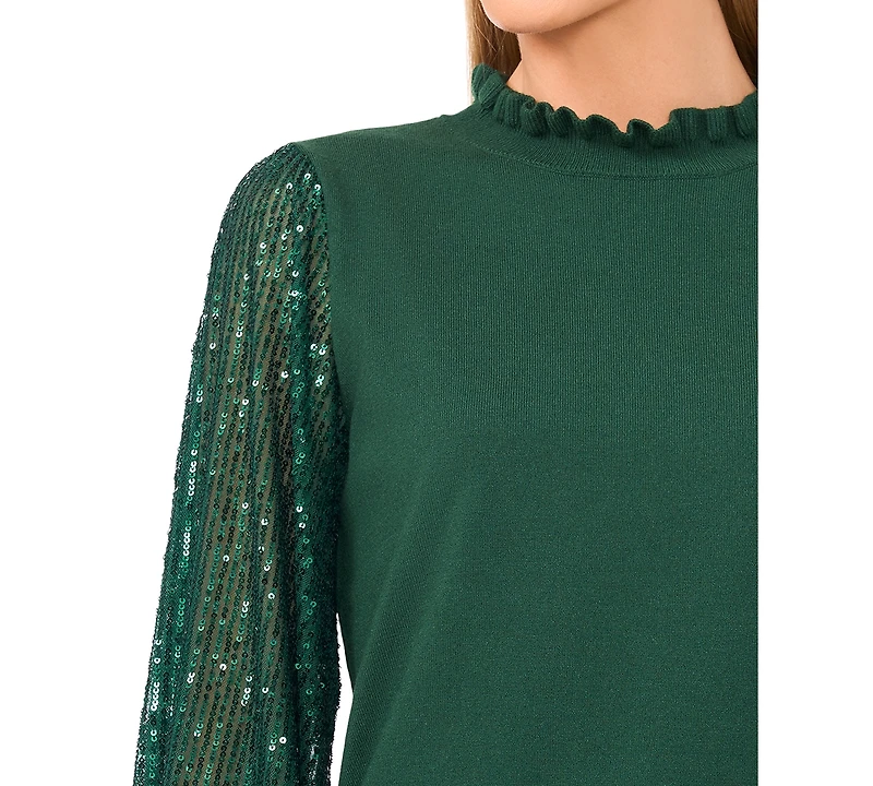 CeCe Women's Ruffle Trim Sequin Long Sleeves Sweater