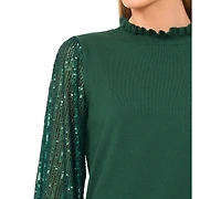 CeCe Women's Ruffle Trim Sequin Long Sleeves Sweater