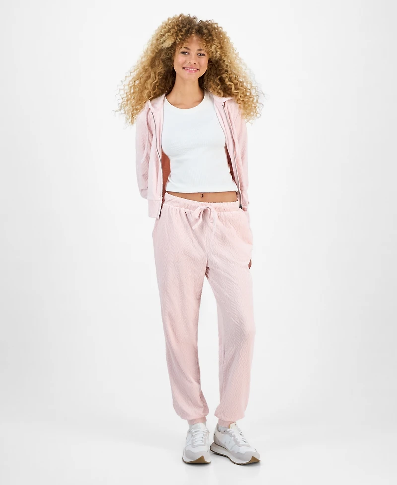 Hippie Rose Juniors' Cable Knit Heart Velour Jogger Pants