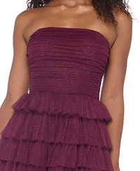 B Darlin Juniors' Strapless Side-Shirred Tiered Glitter Mini Dress