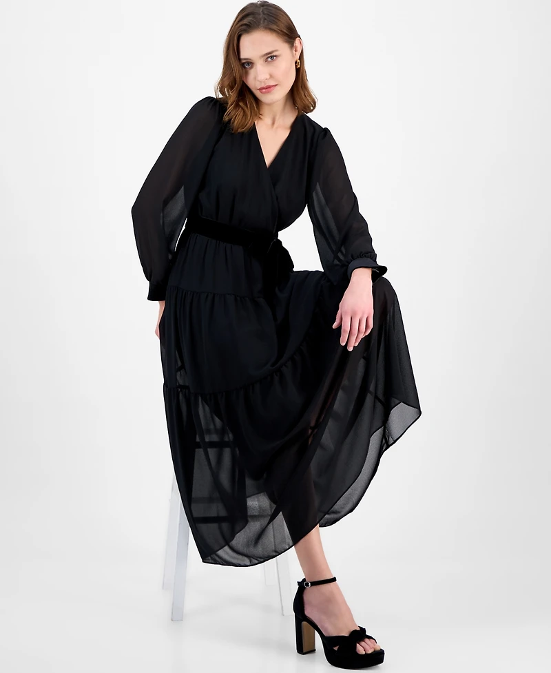 Robbie Bee Women's Surplice Tiered V-Neck Maxi Dress