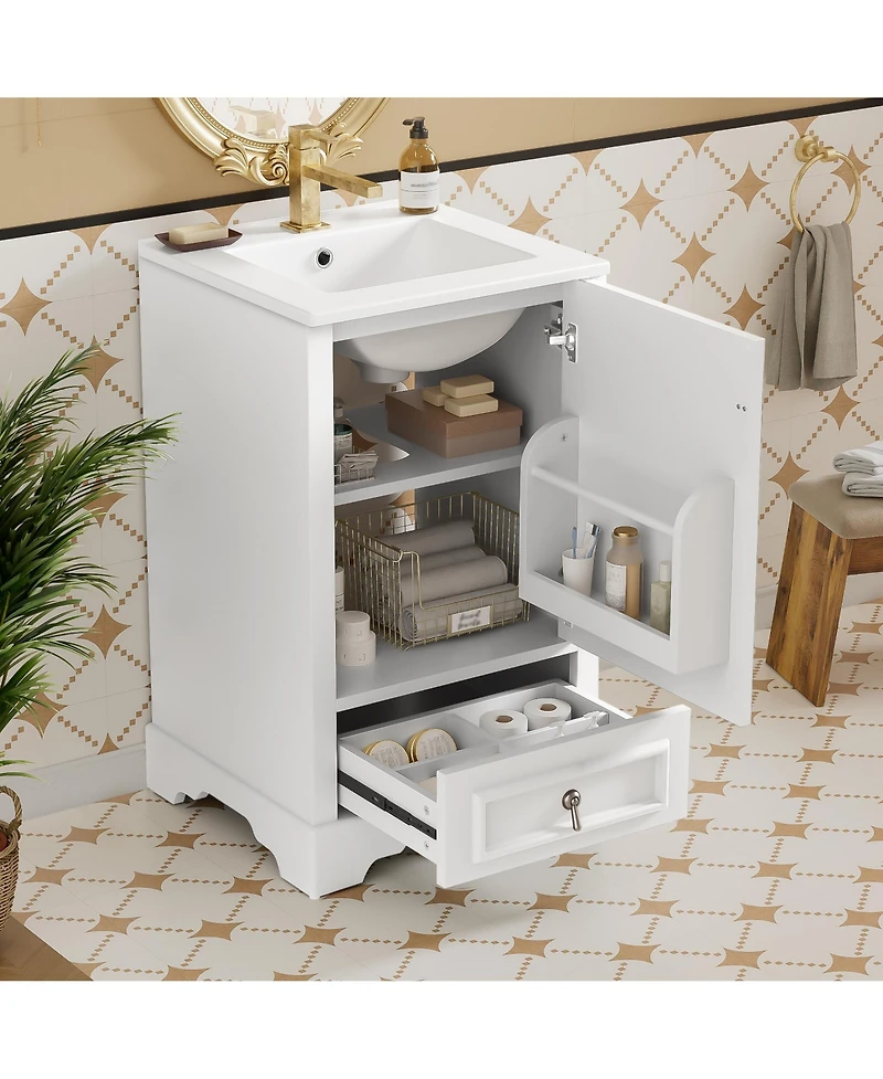 Casainc 20; Bathroom Vanity with Ceramic Sink, Soft-Close Door, U-Shaped Shelf, Drawer and Storage Rack