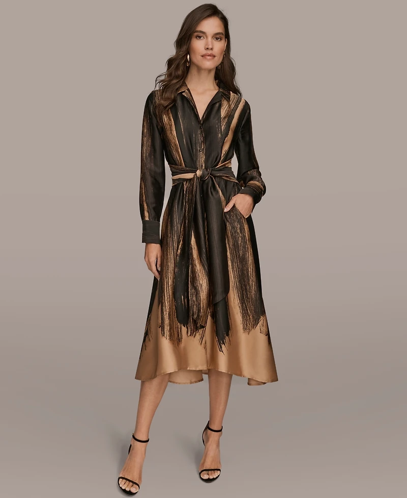 Donna Karan New York Women's Printed Long Sleeve Twist Waist Dress