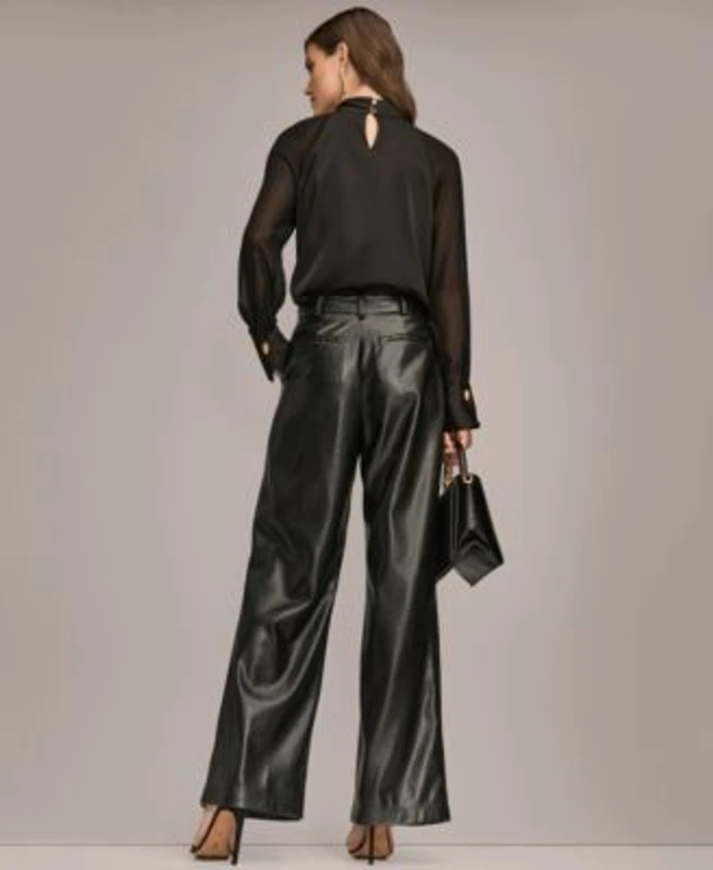 Donna Karan New York Womens High Neck Mix Media Blouse Pleated Straight Pants