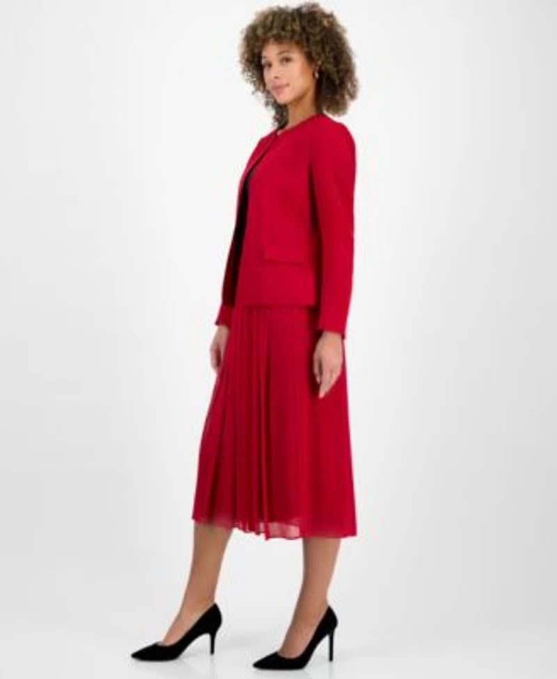 Kasper Womens Collarless Open Front Blazer Pleated Pull On Skirt