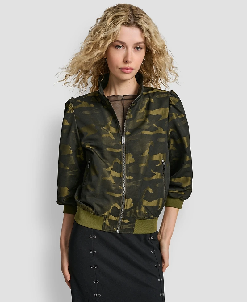 Dkny Women's Camo Jacquard Bomber 3/4-Sleeves Jacket