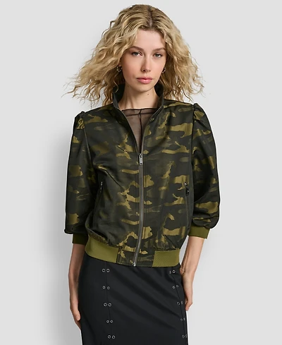 Dkny Women's Camo Jacquard Bomber 3/4-Sleeves Jacket