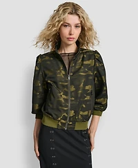 Dkny Women's Camo Jacquard Bomber 3/4-Sleeves Jacket