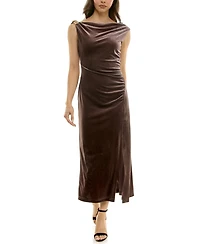 Taylor Petite Side Ruched Sleeveless Velvet Midi Dress
