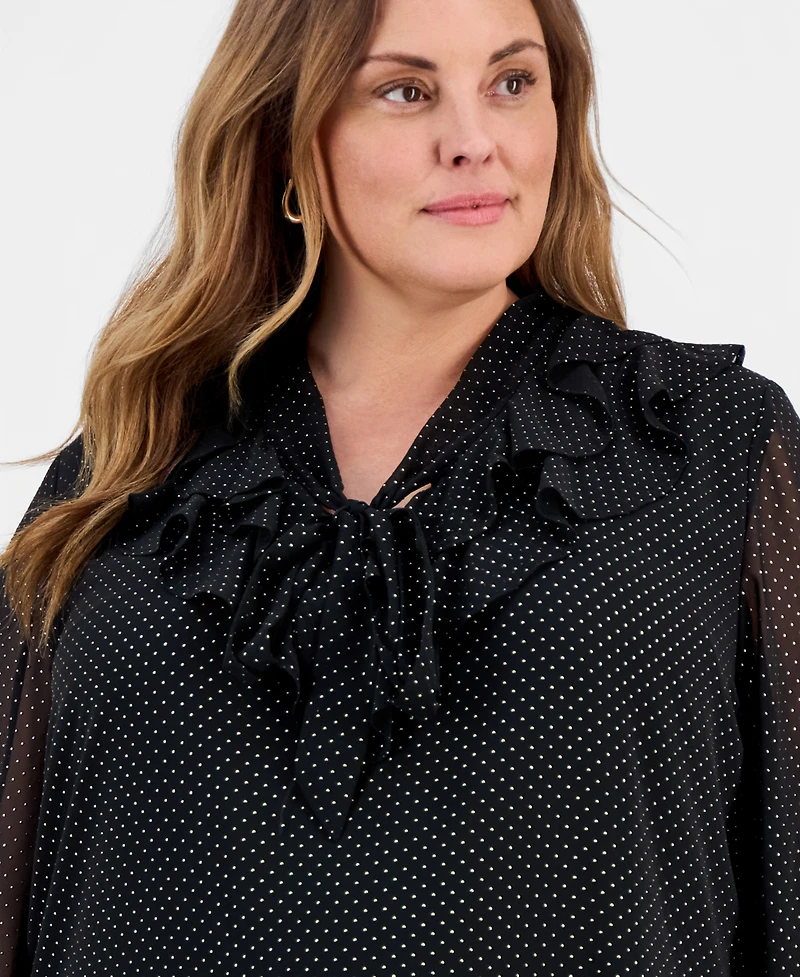 Kasper Plus Gold Foil Dot Print Tie-Neck Blouse