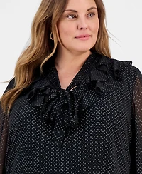 Kasper Plus Gold Foil Dot Print Tie-Neck Blouse