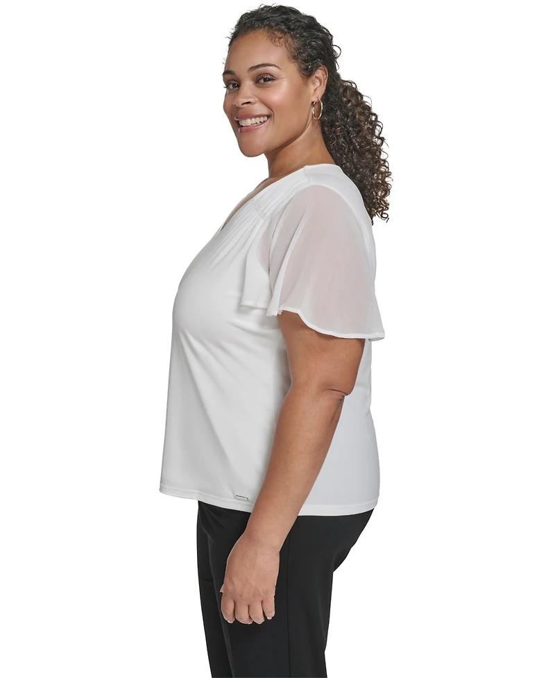 Calvin Klein Plus Mixed Media Flutter-Sleeve Blouse