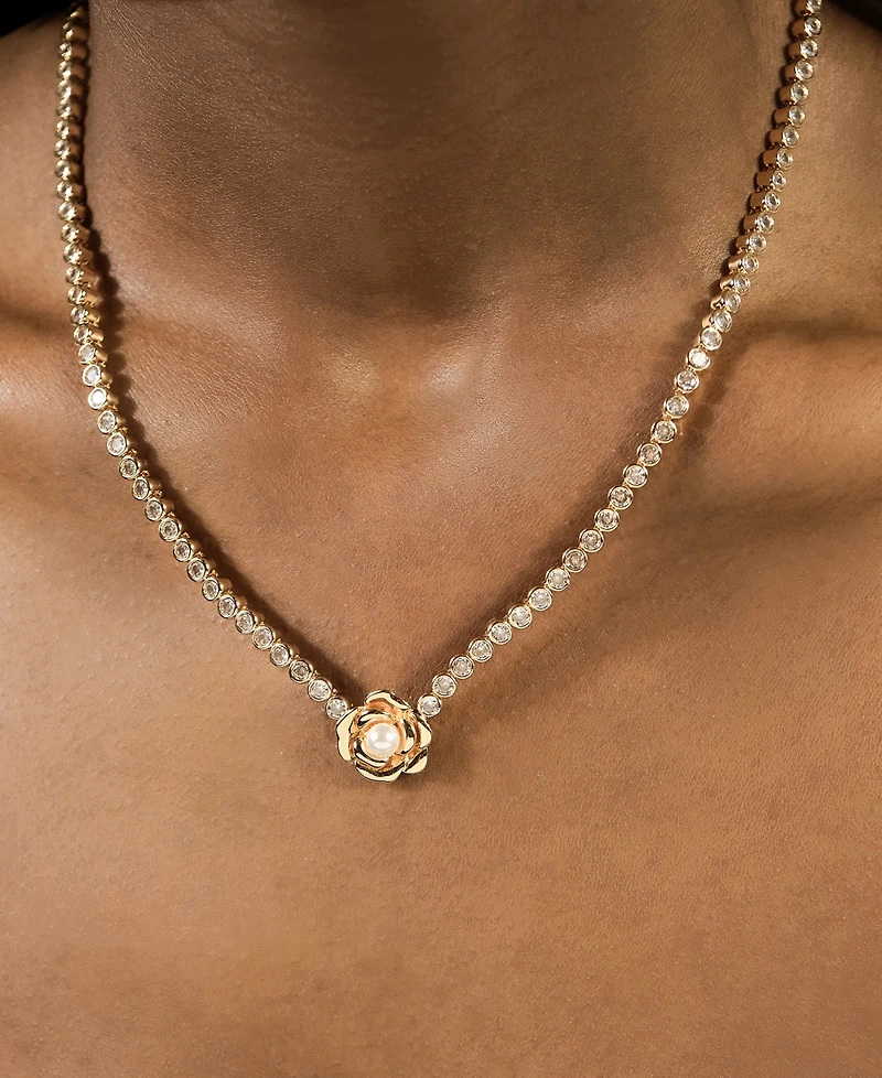 Sterling Forever Rosa Cultivated Pearl Flower Cubic Zirconia Tennis Necklace