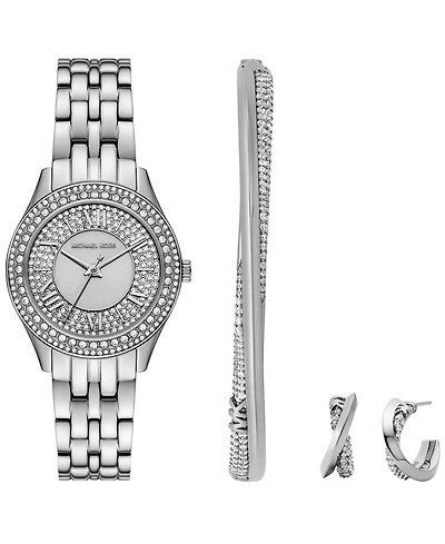 Michael Kors Women's Harlowe Three-Hand Silver-Tone Stainless Steel Watch Set, 33mm