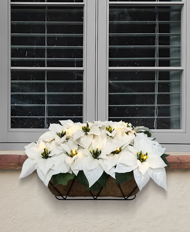 Puleo 24" Pre-Lit Artificial White Poinsettia Window Box Decor