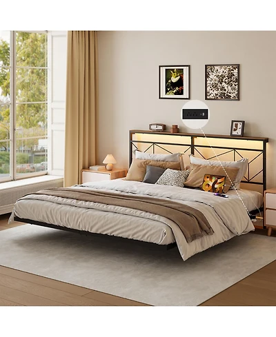 Hausource King Size Floating Bed Frame with Led Headboard & Charging Station No Box Spring Needed