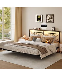 Hausource King Size Floating Bed Frame with Led Headboard & Charging Station No Box Spring Needed
