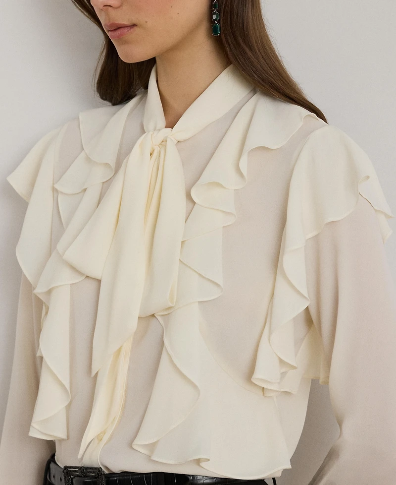 Lauren Ralph Women's Ruffle Detail Tie-Neck Blouse