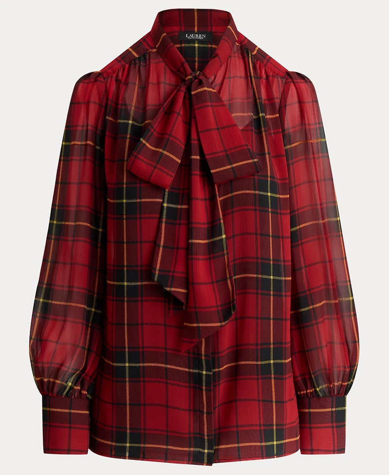 Lauren Ralph Women's Plaid Tie-Neck Blouse