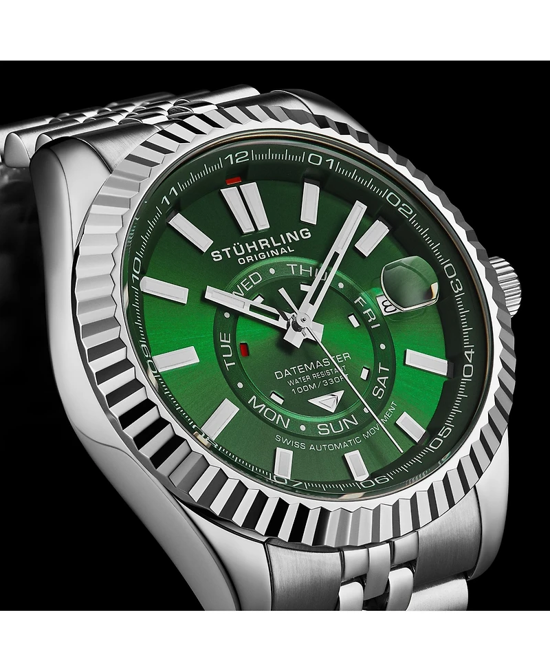 Stuhrling Datemaster Ii Men's Swiss Automatic 42mm Stainless Steel Watch, Green Dial, Fluted Bezel, Day & Date, 100M Water Resistant