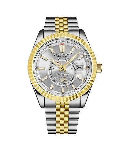 Stuhrling Datemaster Ii Men s Swiss Automatic 42mm Two-Tone Stainless Steel Watch, Silver Dial, Fluted Bezel, Day & Date, 100M Water Resistant