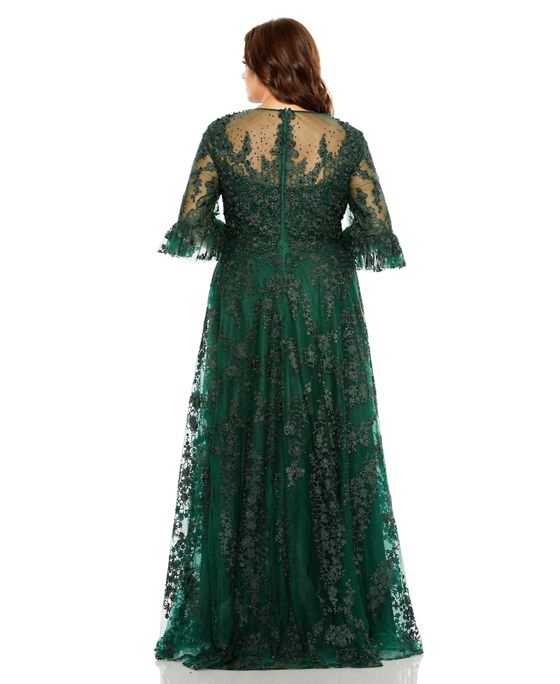 Mac Duggal Women's Plus High Neck Flutter Sleeve Embroidered A Line Gown