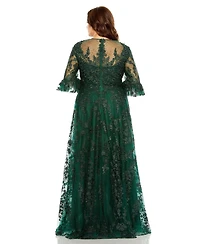 Mac Duggal Women's Plus High Neck Flutter Sleeve Embroidered A Line Gown