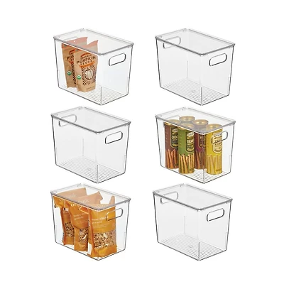mDesign Slim Plastic Stacking Kitchen Bin Box, Handles/Lid, 6 Pack, Clear, Usa Made
