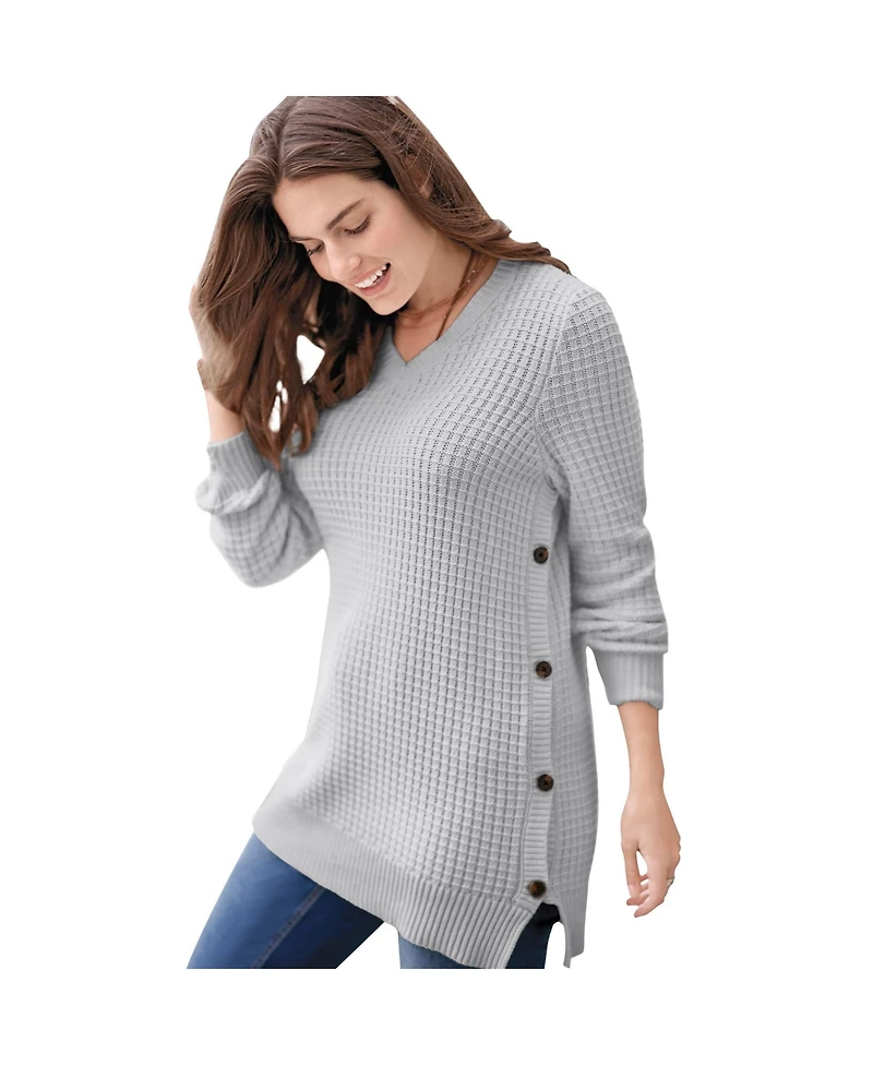 Woman Within Plus Side Button V-Neck Waffle Knit Sweater