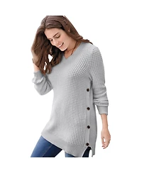 Woman Within Plus Side Button V-Neck Waffle Knit Sweater