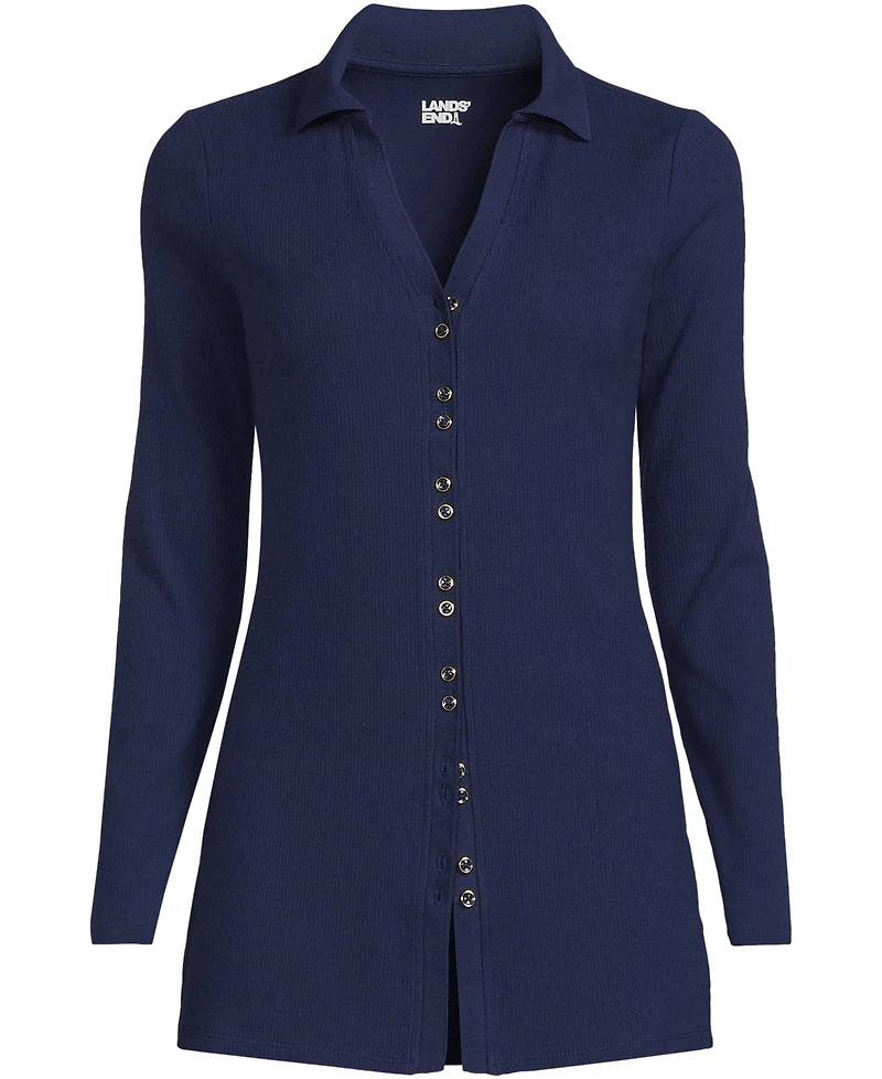 Lands' End Women's Long Sleeve Polished Rib Button Through Tunic Shirt