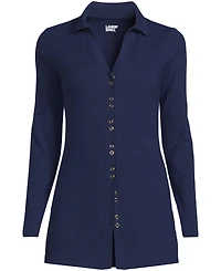 Lands' End Women's Long Sleeve Polished Rib Button Through Tunic Shirt
