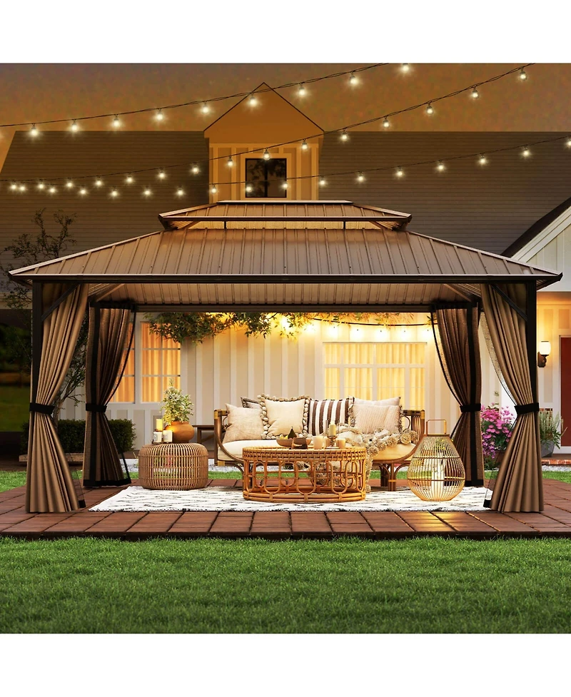 16 x 12 Ft Hardtop Gazebo with Netting Heavy-Duty Double-Roof Galvanized Metal Top