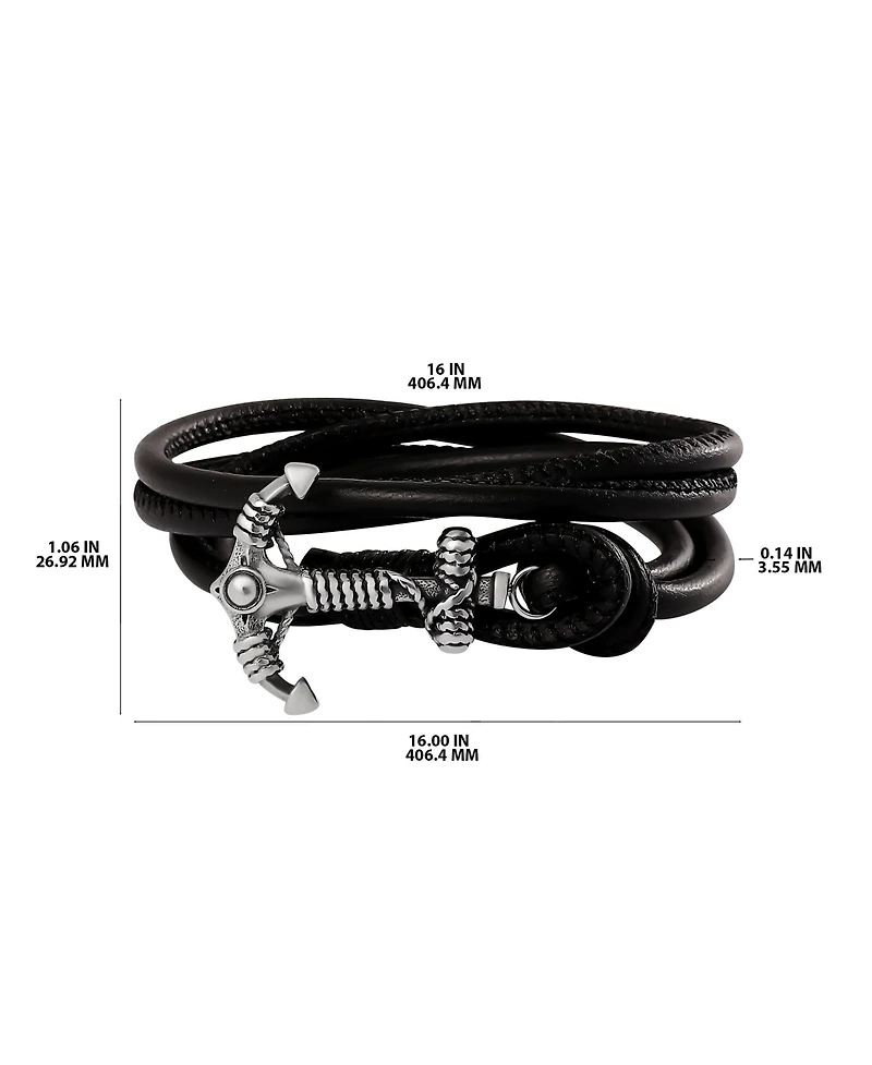 Lucky Brand Mens Black Leather Anchor Wrap Bracelet with Adjustable Fit