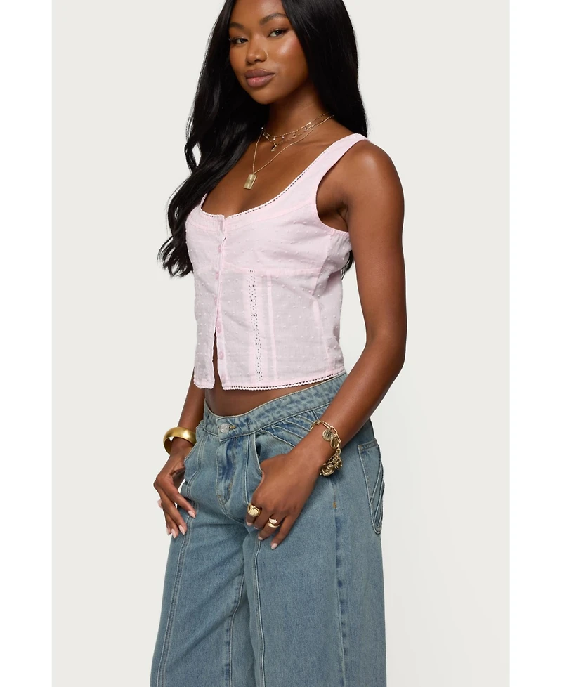 Edikted Womens Embroidered Cotton Button Up Top