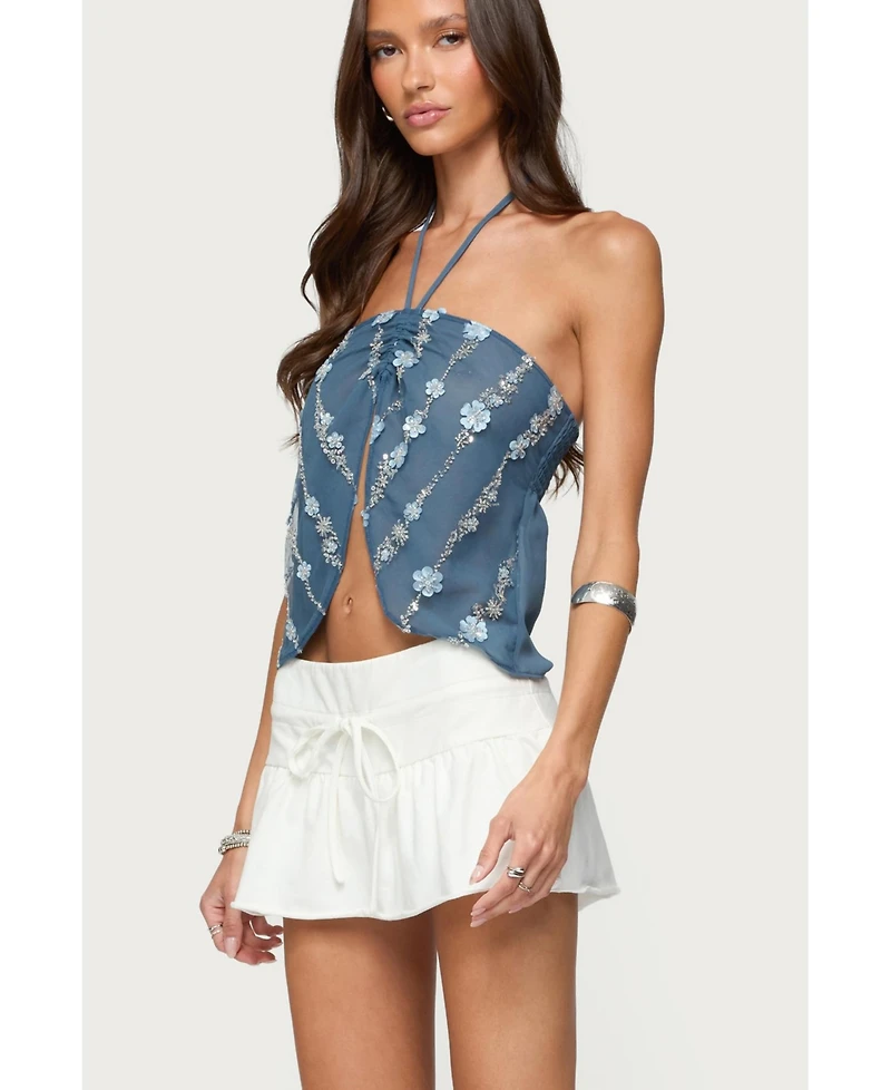 Edikted Women's Beaded Floral Split Front Halter Top