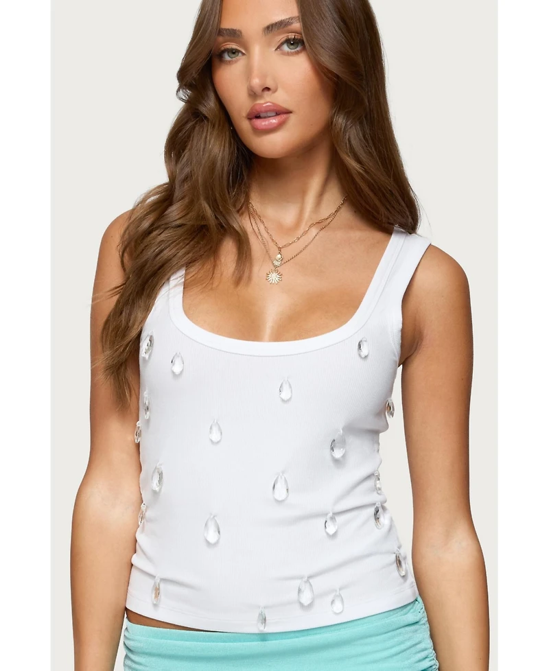 Edikted Womens Zelena Faux Crystal Ribbed Tank Top