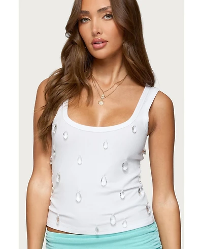 Edikted Womens Zelena Faux Crystal Ribbed Tank Top
