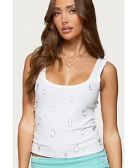 Edikted Womens Zelena Faux Crystal Ribbed Tank Top