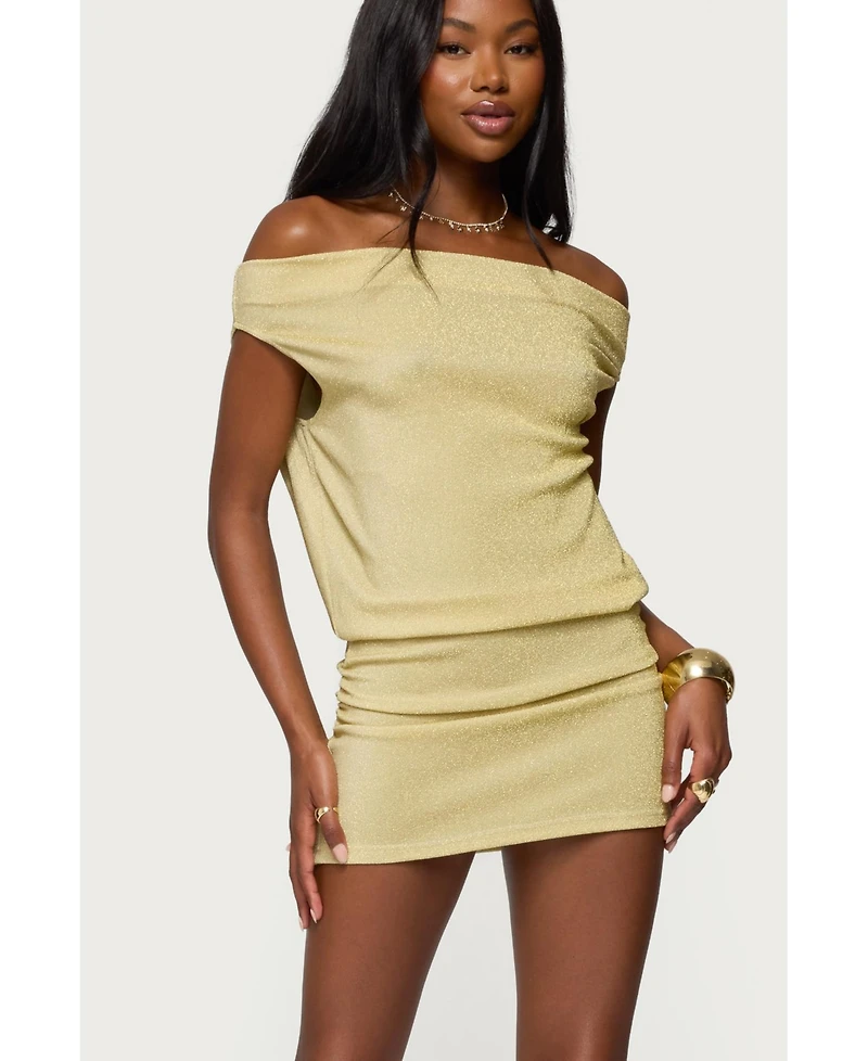 Edikted Womens Eris Metallic Off Shoulder Mini Dress