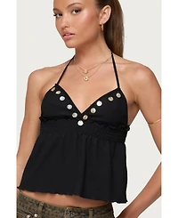 Edikted Womens Textured Iridescent Babydoll Halter Top