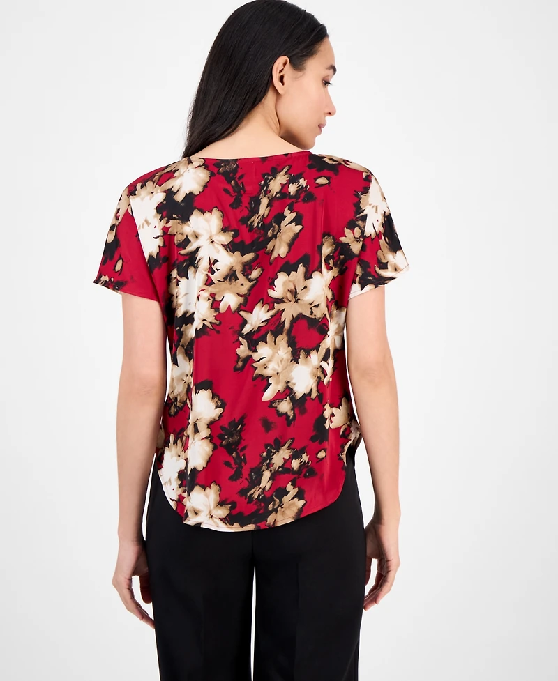 Anne Klein Women's Printed Boat-Neck Short-Sleeve Top