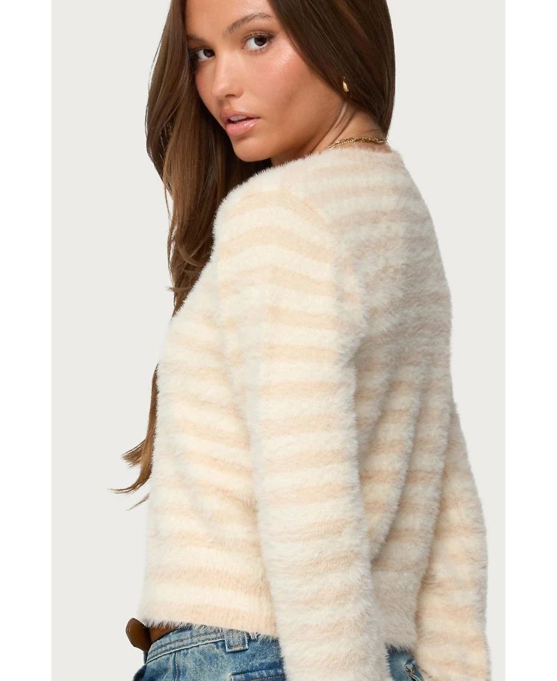 Edikted Women's Aria Striped Fuzzy Knit Cardigan