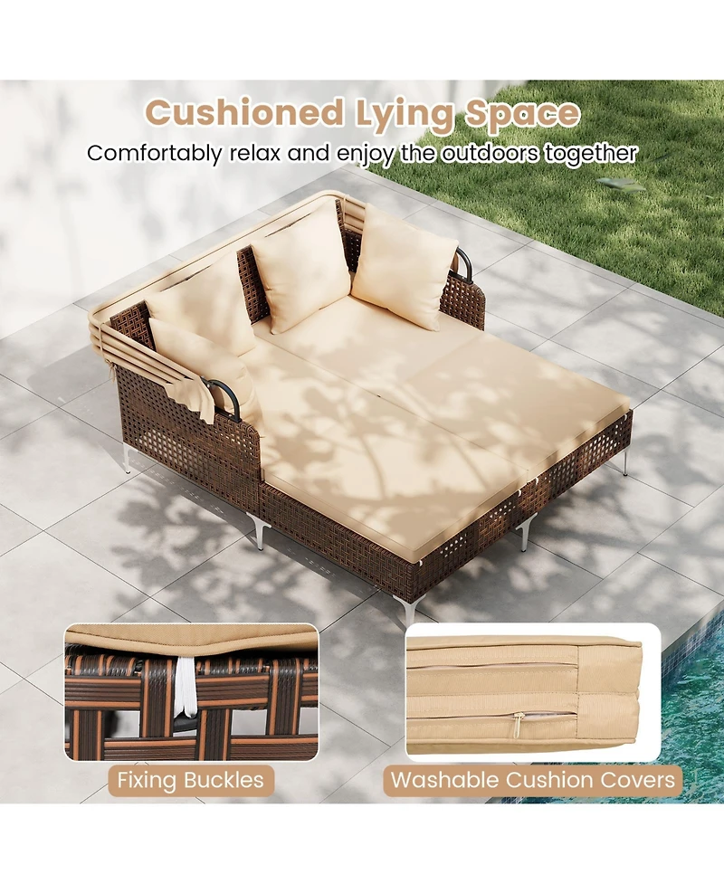 Gymax Outdoor Daybed w/ Retractable Canopy Pe Wicker Rattan Patio Double Chaise Lounger