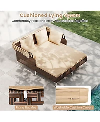 Gymax Outdoor Daybed w/ Retractable Canopy Pe Wicker Rattan Patio Double Chaise Lounger