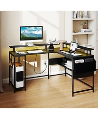 Gymax L-Shaped Gaming Desk w/ Led Lights & Power Outlets Monitor Stand Fabric Bag